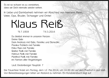 Traueranzeige von Klaus Reiß von Pegnitz-Zeitung